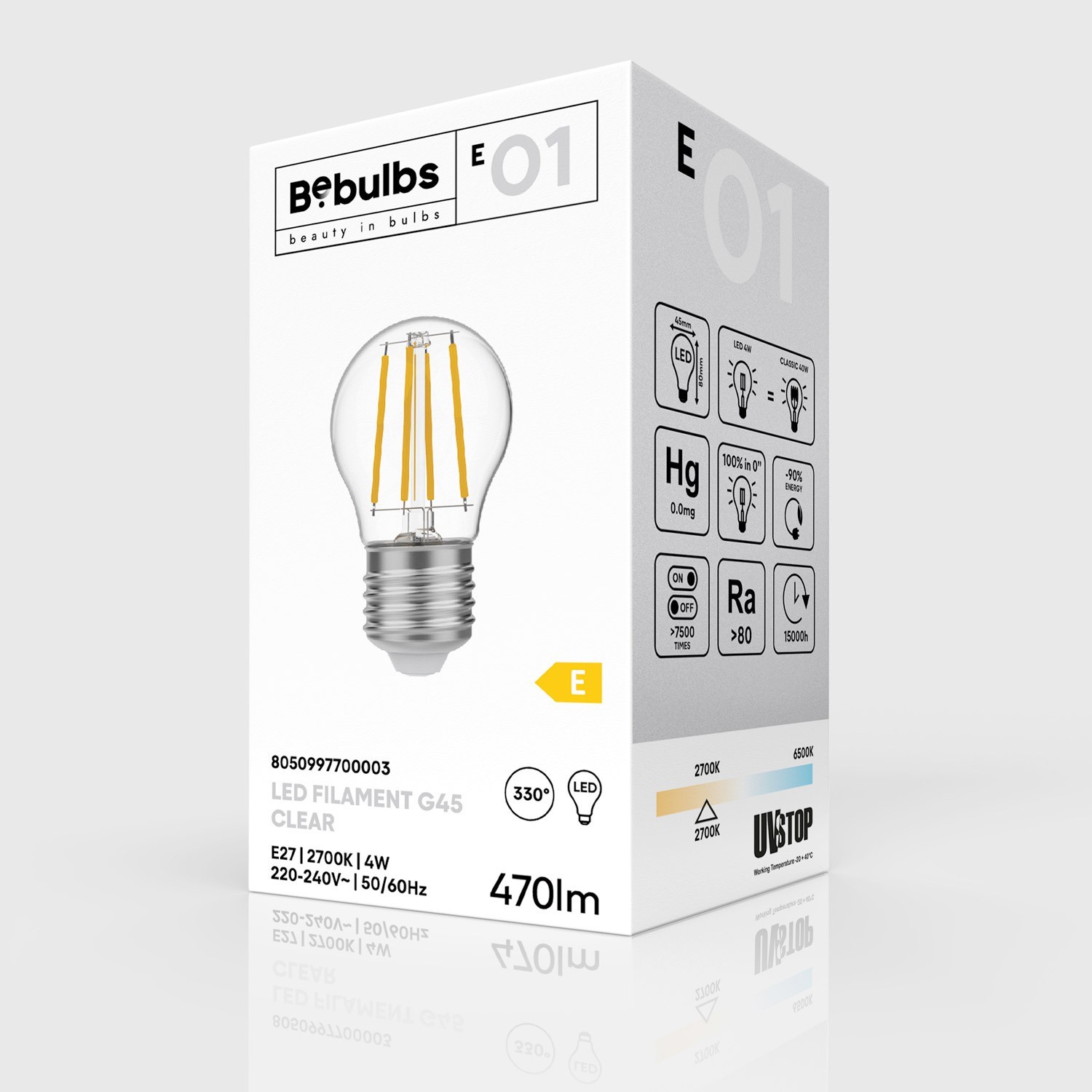 LED Glühbirne Mini Globe G45, transparent 4W 470Lm E27 2700K - E01