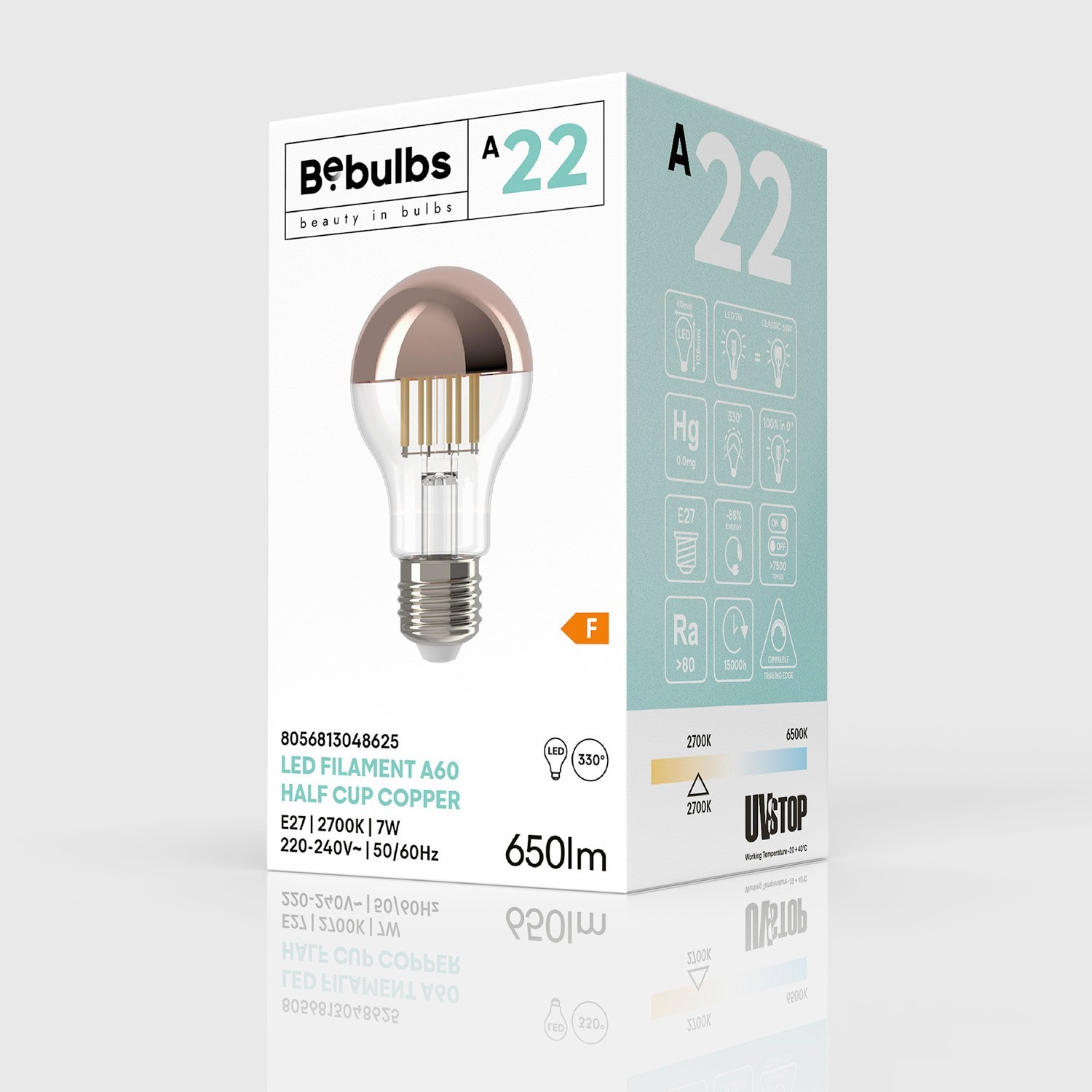 Ampoule LED Demi Sphère Cuivre Goutte A60 7W 650Lm E27 2700K Dimmable - A22