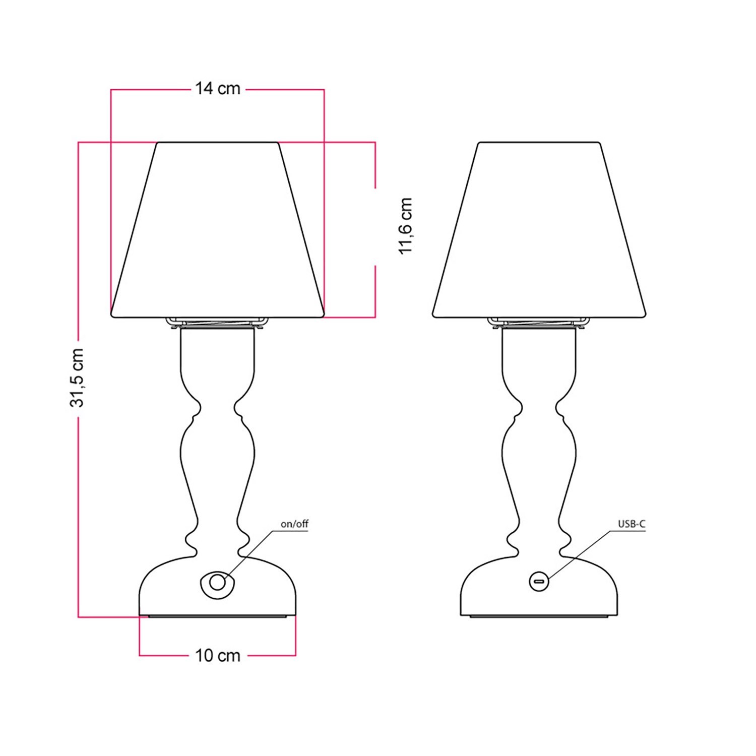 Lampada portatile ricaricabile Cabless14 con lampadina a goccia e paralume