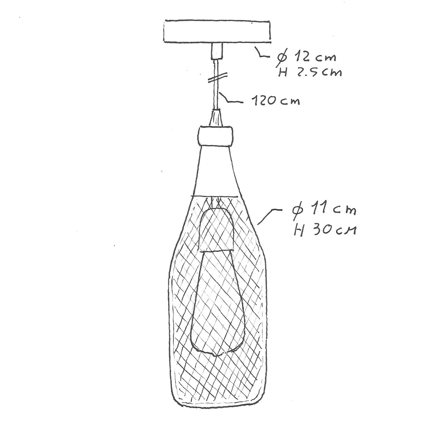 Lampada a sospensione Made in Italy completa di cavo tessile, paralume bottiglia Magnum e finiture in metallo