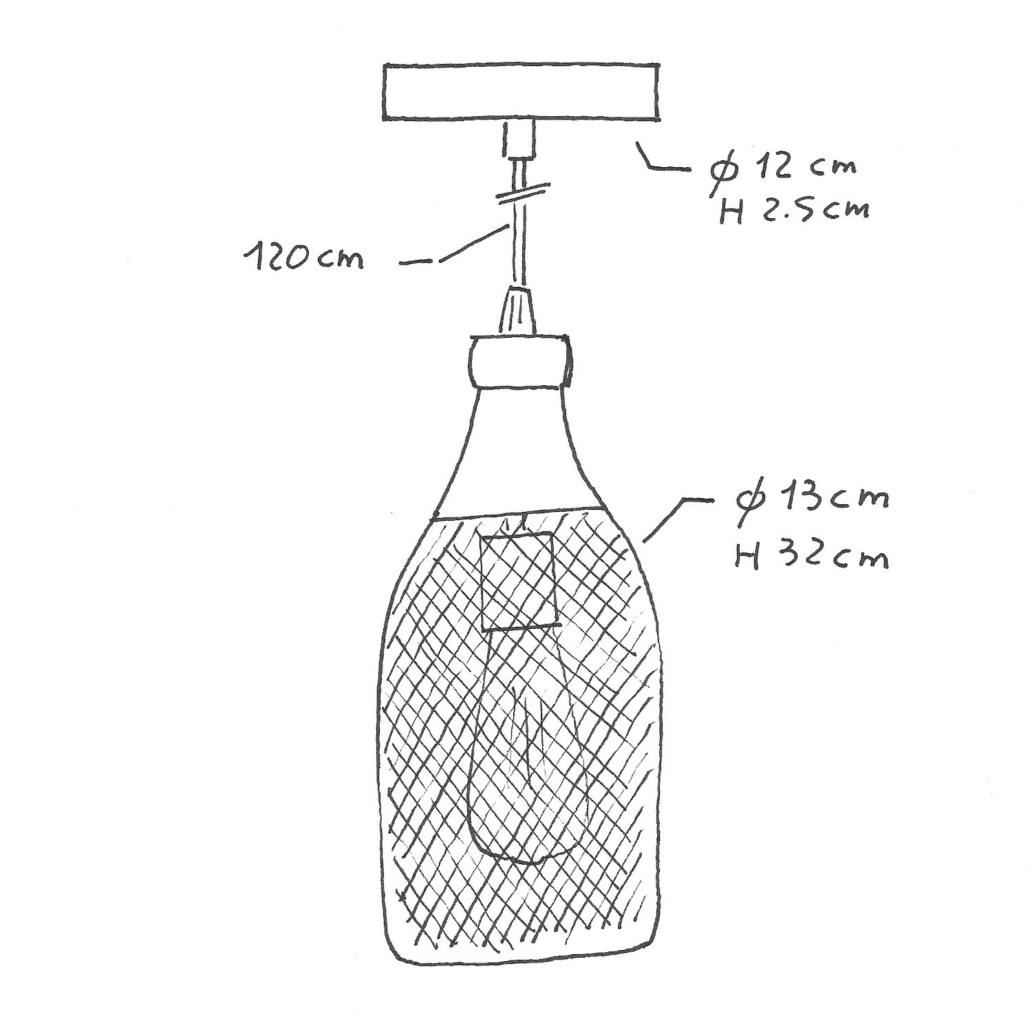 Suspension fabriquée en Italie avec câble textile, abat-jour bouteille Jéroboam et finition en métal - complète avec ampoule