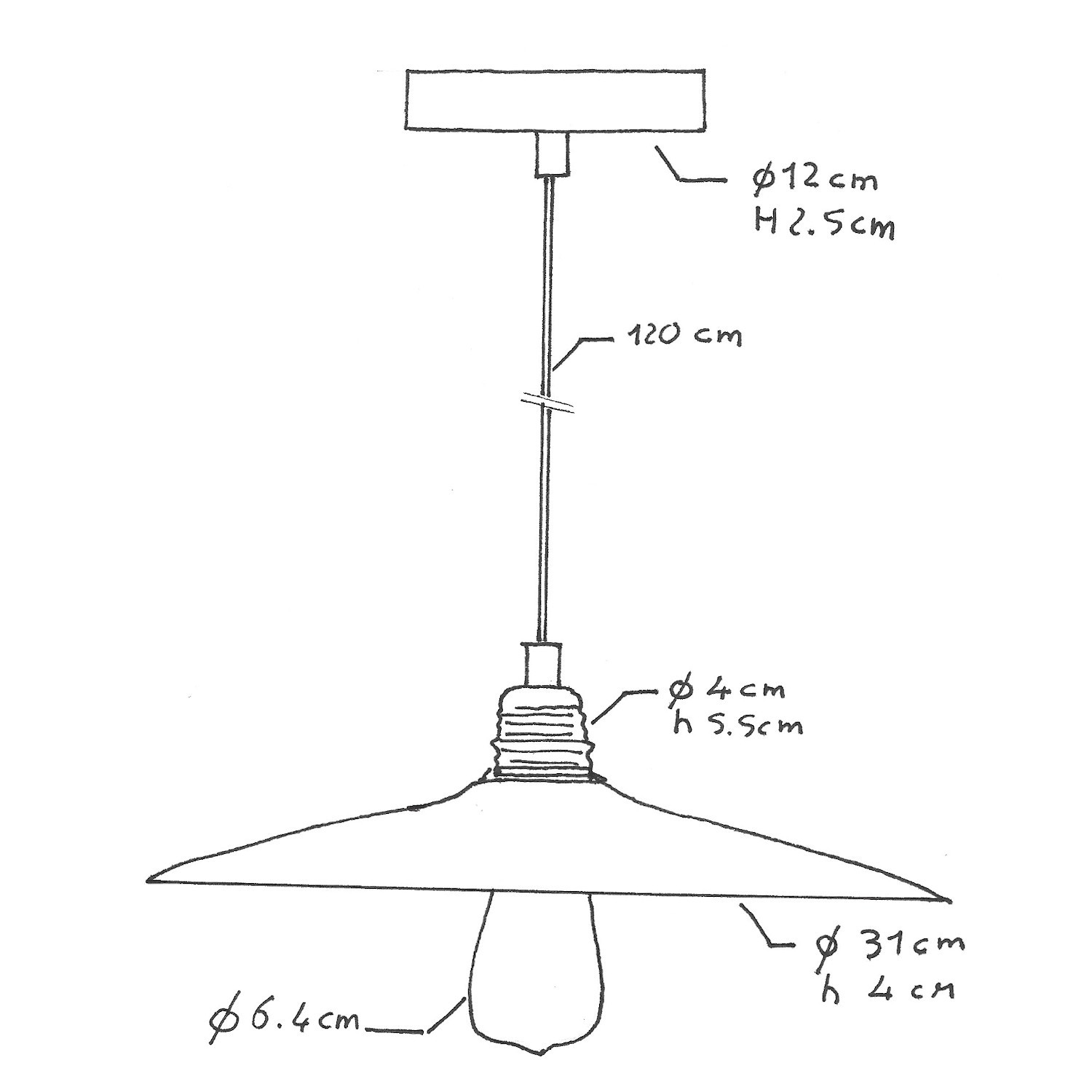 Lampada a sospensione Made in Italy completa di cavo tessile, paralume in ceramica Piatto e finiture in metallo