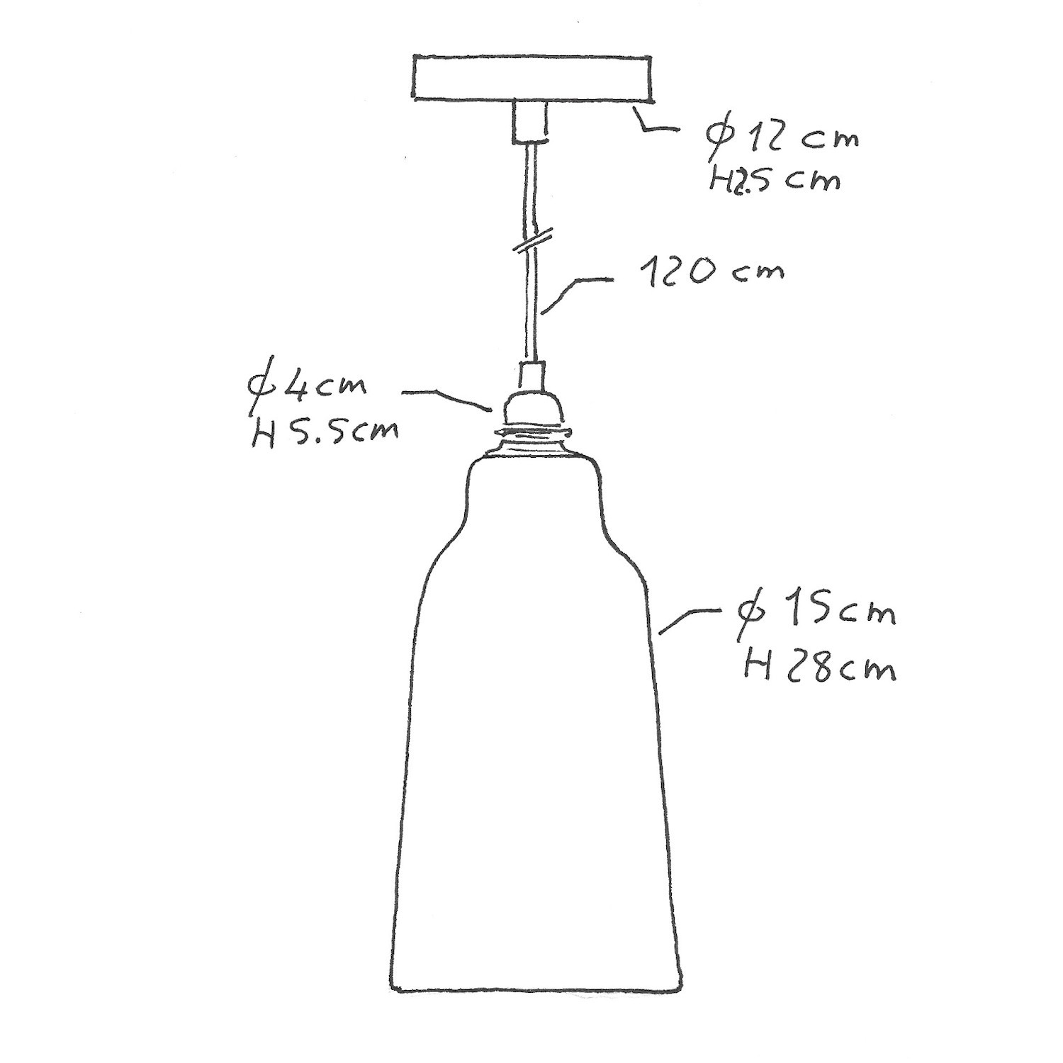 Suspension fabriquée en Italie avec câble textile, abat-jour Bouteille en céramique et finition en métal - complète avec ampoule