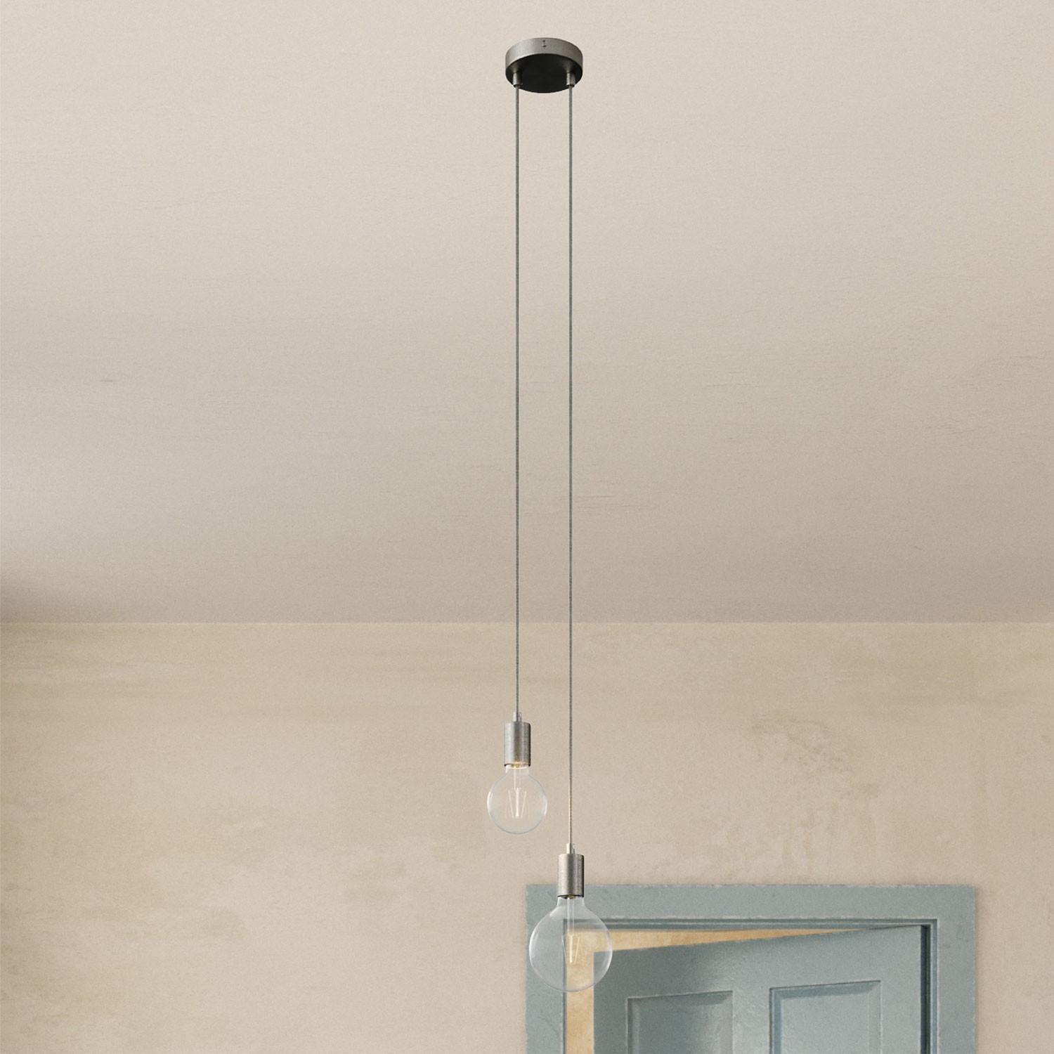 Lampe suspension multiple 2 bras avec câble textile et finitions en métal