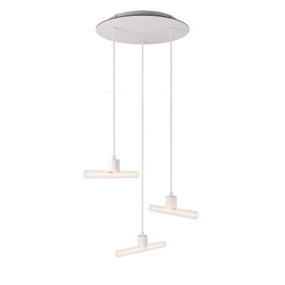 Lampada a sospensione a 3 cadute asimmetriche esse14 con Rose-One completa di cavo tessile e finiture in metallo