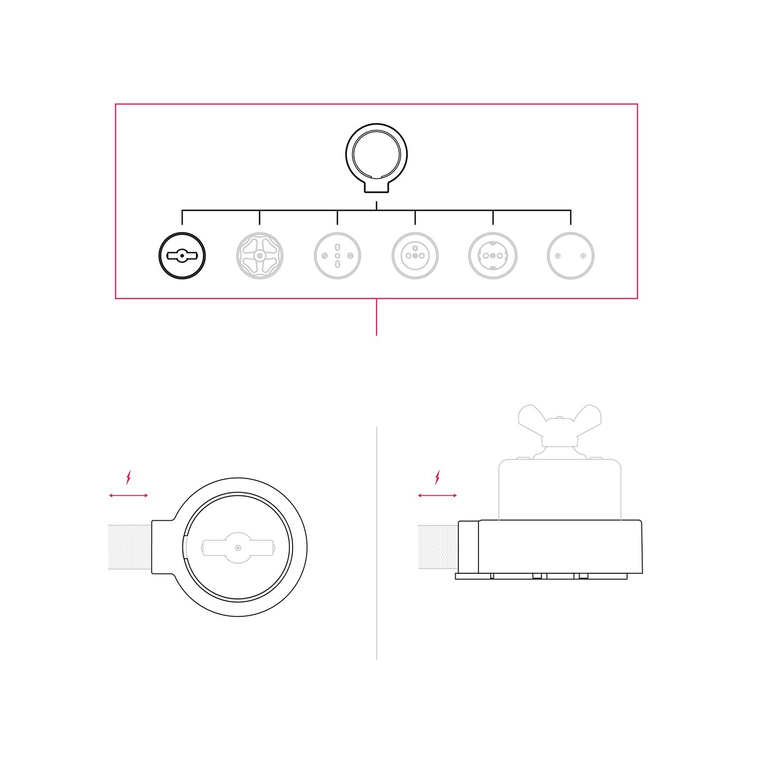 Kit interruttore/deviatore con dado a farfalla e base per Creative-Tubes in porcellana bianca