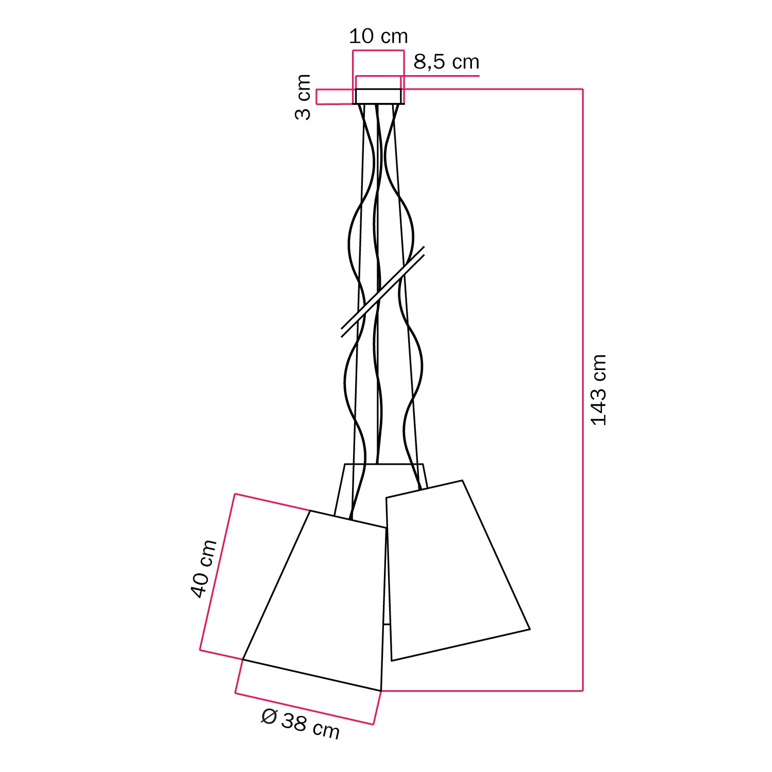 Dreiteiliger Kronleuchter mit zweifarbigen Kegel-Schirmen - Made in Italy