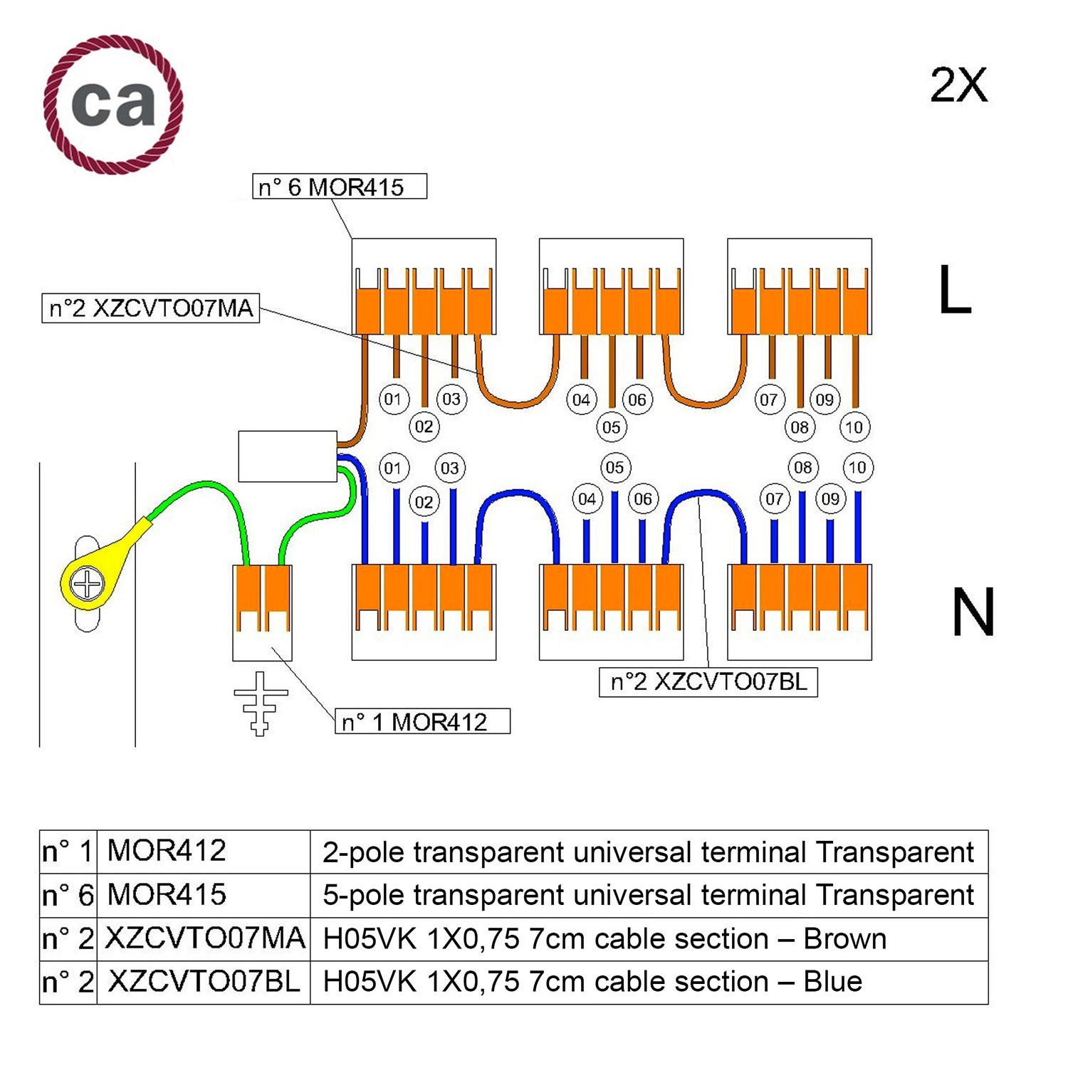 Kit de connexion WAGO compatible avec câble 2x pour Rosace à 10 trous