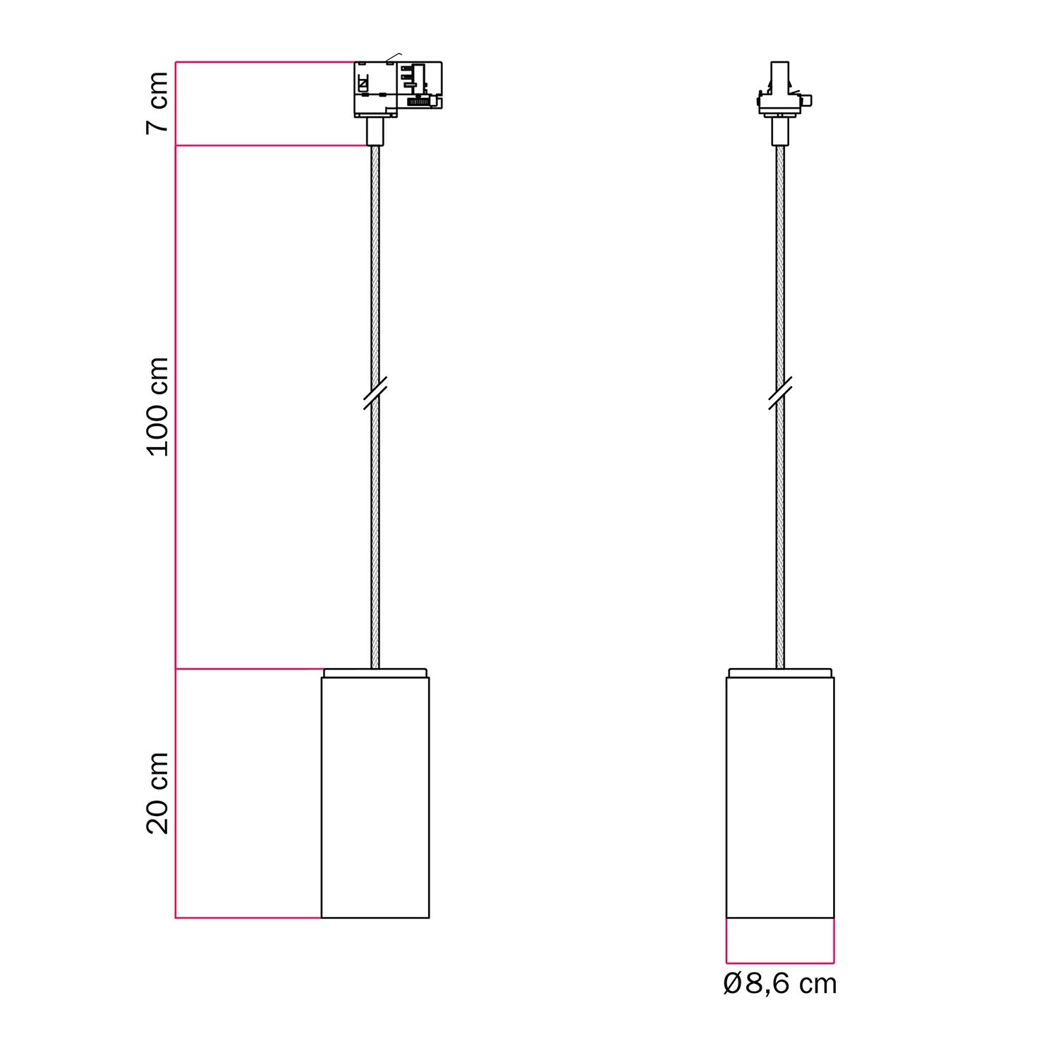 Lampada a sospensione per binari con cavo tessile e Tub-E27