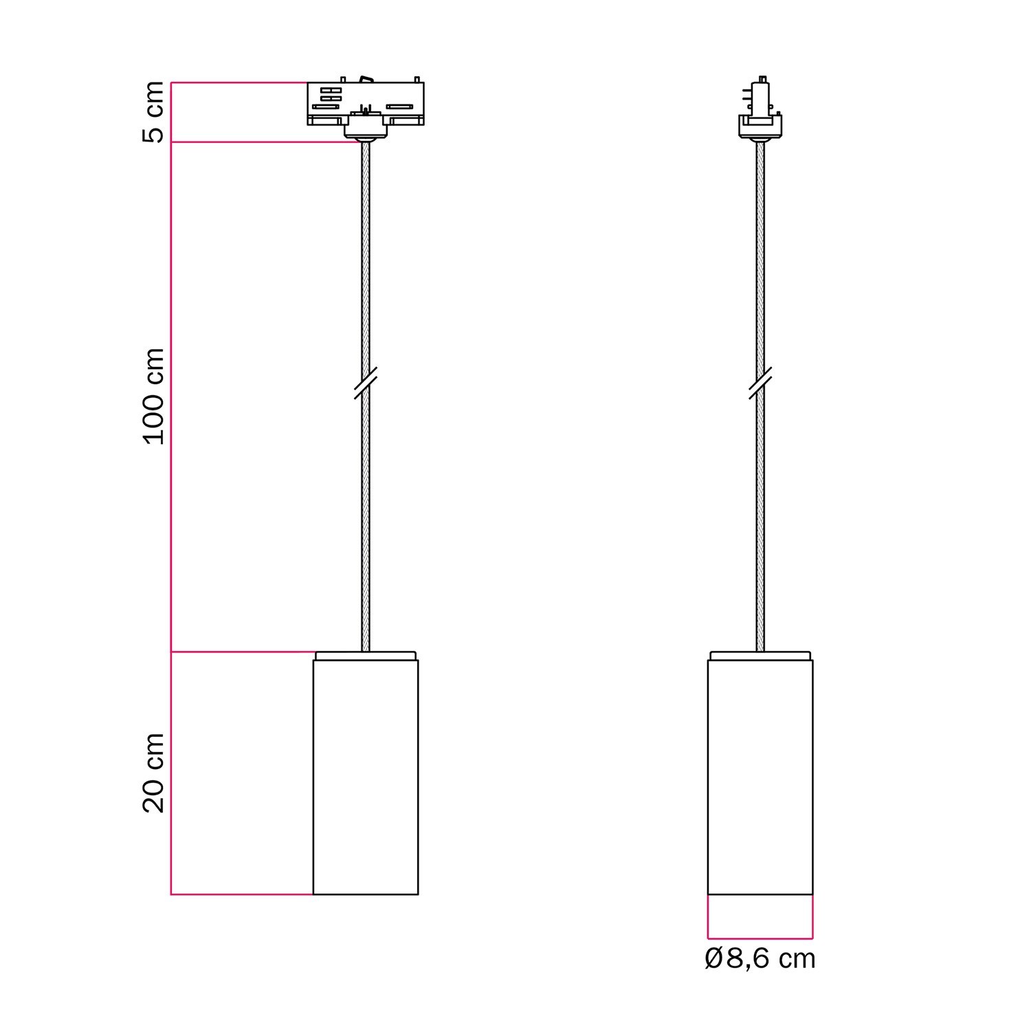 Lampada a sospensione per binari con cavo tessile e Tub-E27