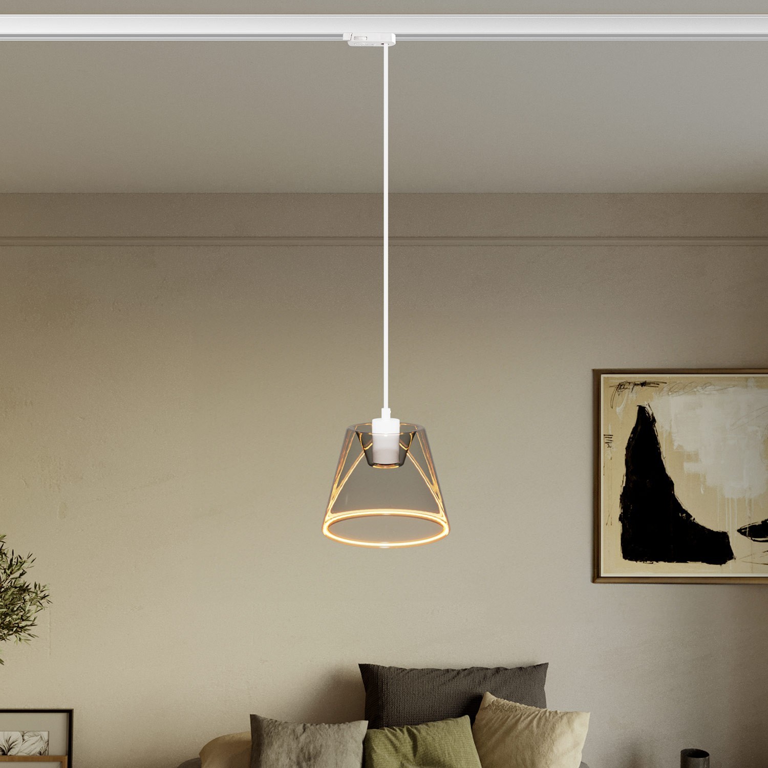 Sospensione per binari con lampadina Ghost a cono smoky