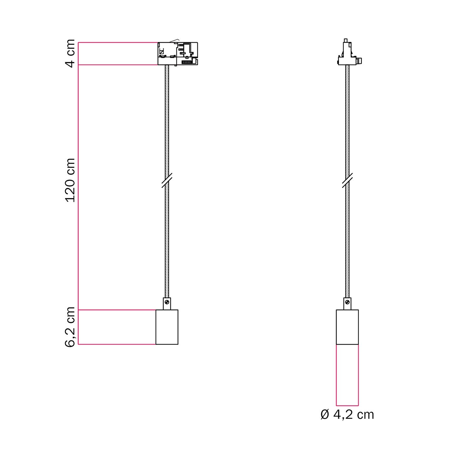 Lampada a sospensione industrial con cavo tessile e adattatore per binario