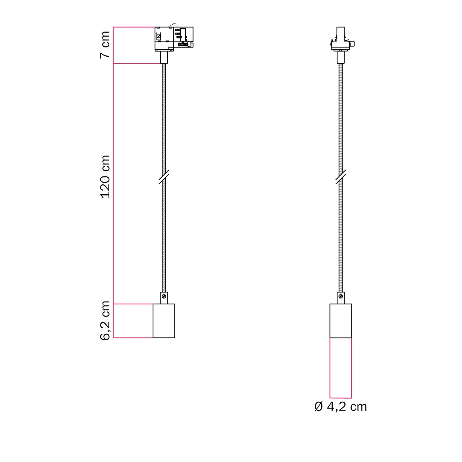 Lampada a sospensione industrial con cavo tessile e adattatore per binario