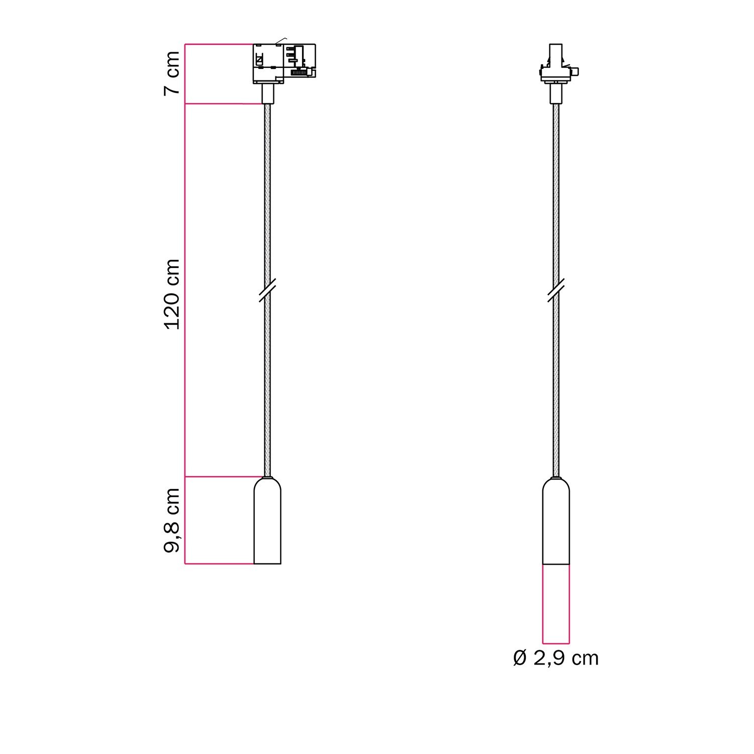 P-Light Pendelleuchte mit E14 Lampenfassung für Schienen