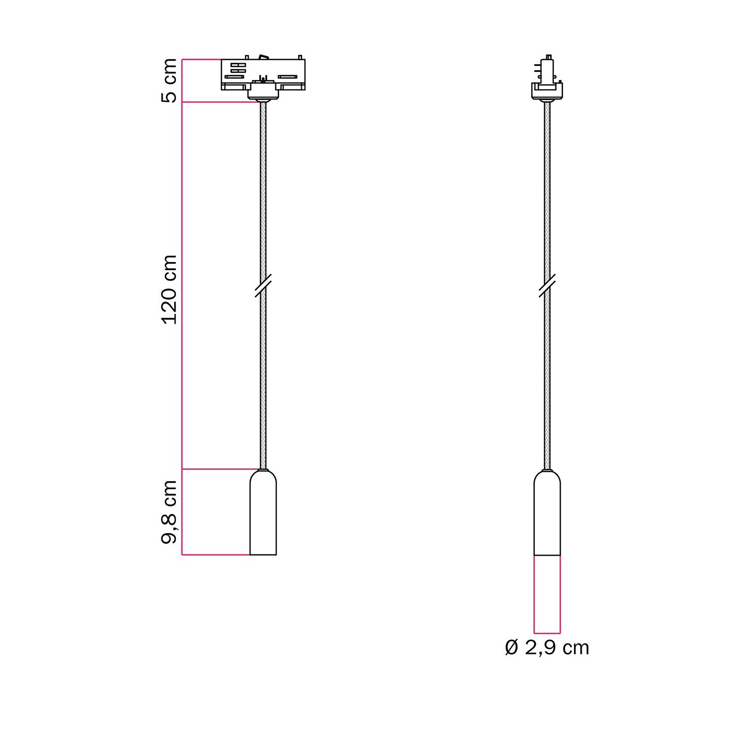 P-Light Pendelleuchte mit E14 Lampenfassung für Schienen