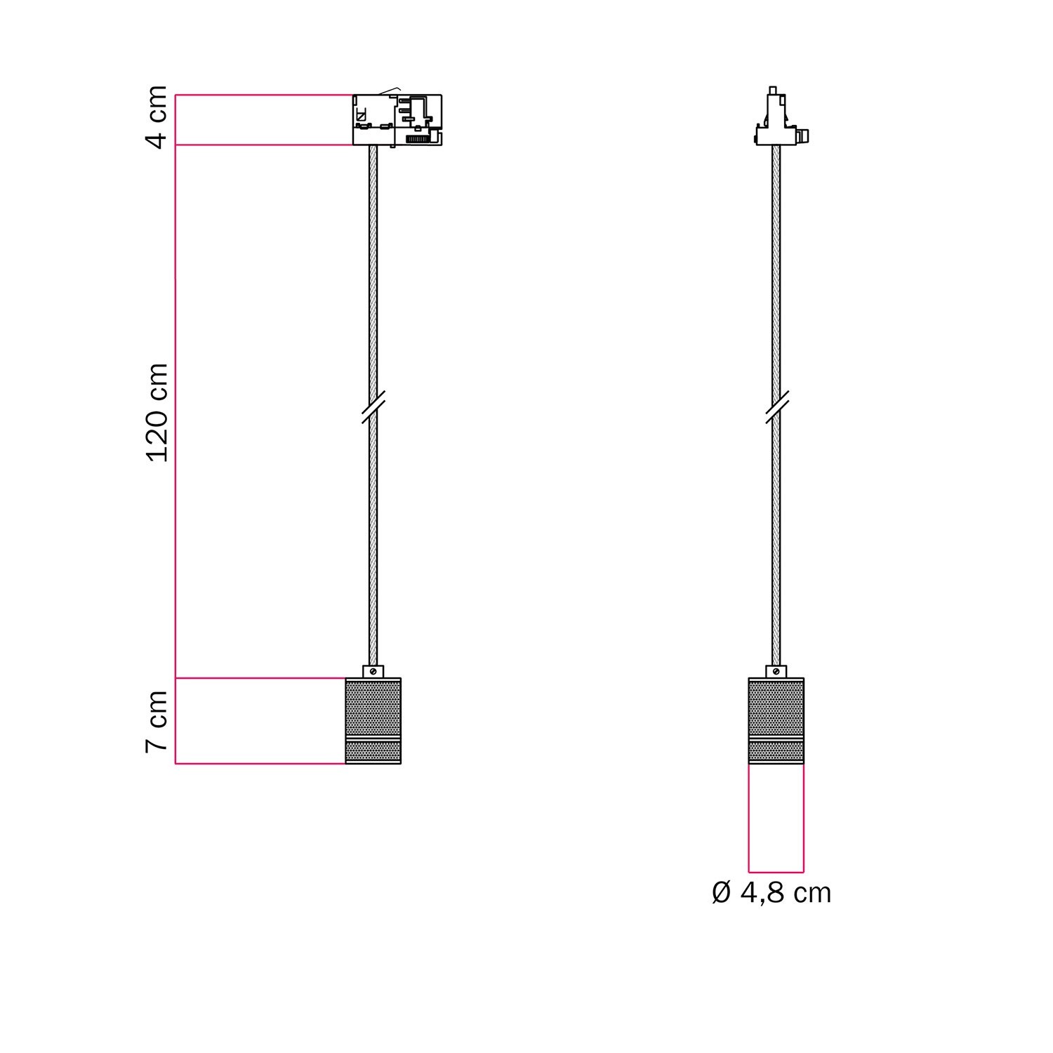 Hängelampe mit gerändelter Aluminium-Lampenfassung für Schienen