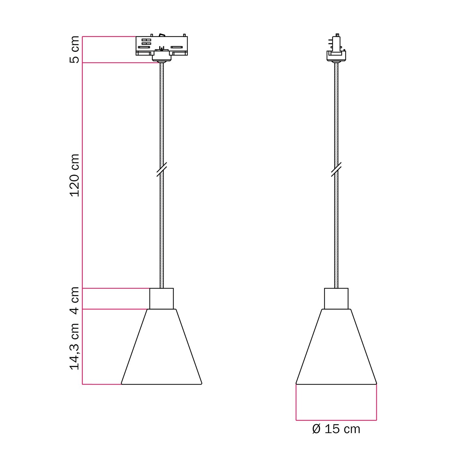 Lampada a sospensione per binari con paralume conico in legno