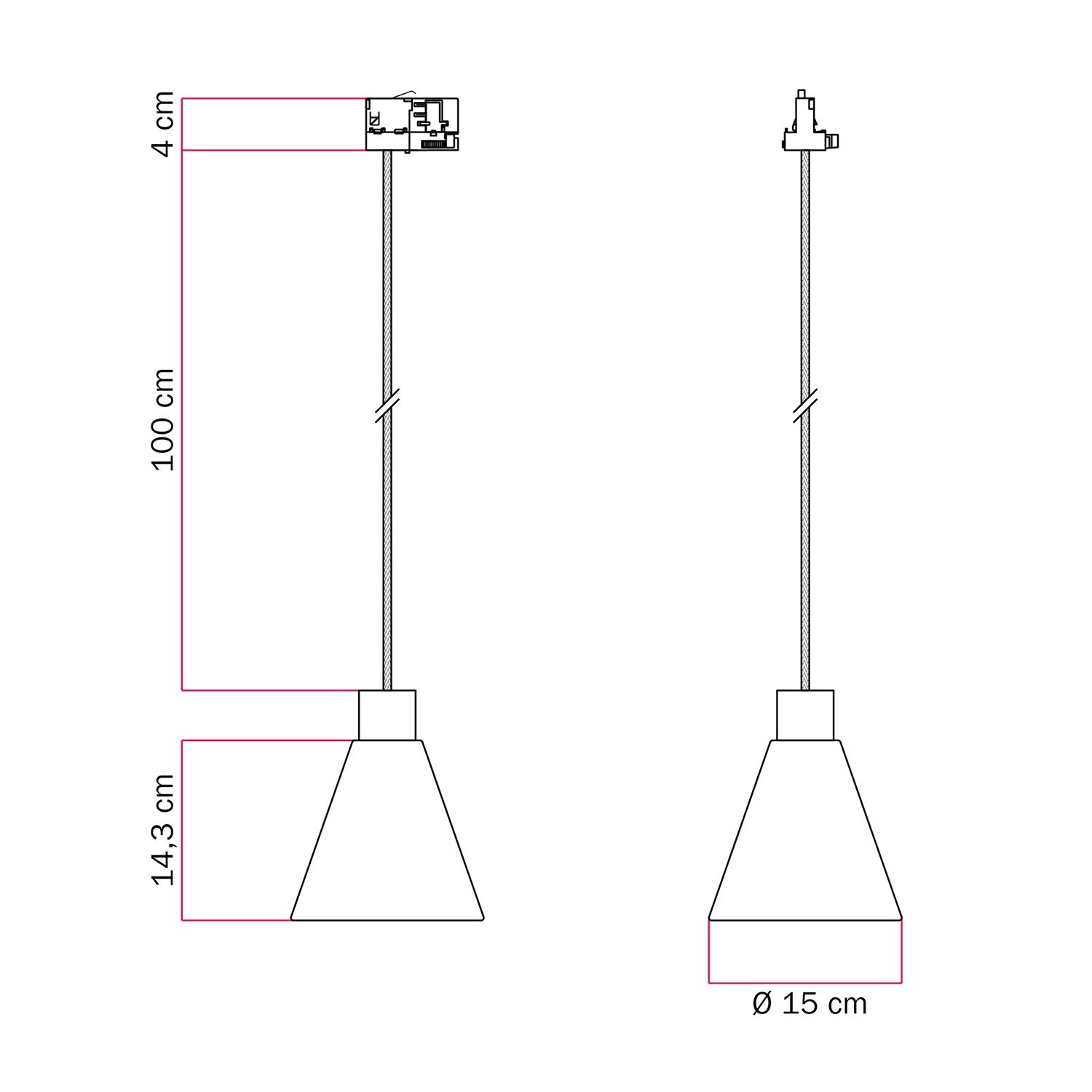 Lampada a sospensione per binari con paralume conico in legno