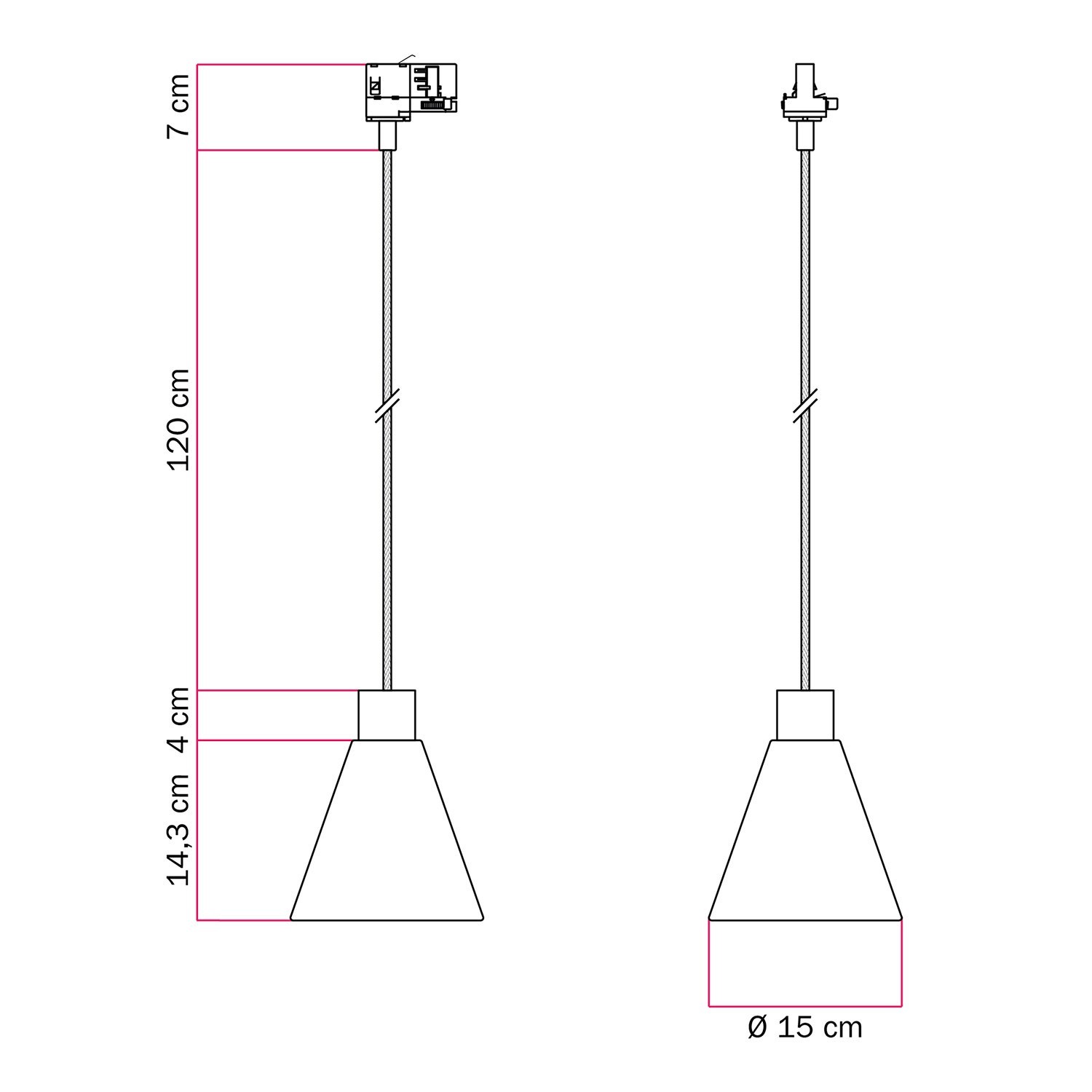 Suspension pour rail avec abat-jour conique en bois