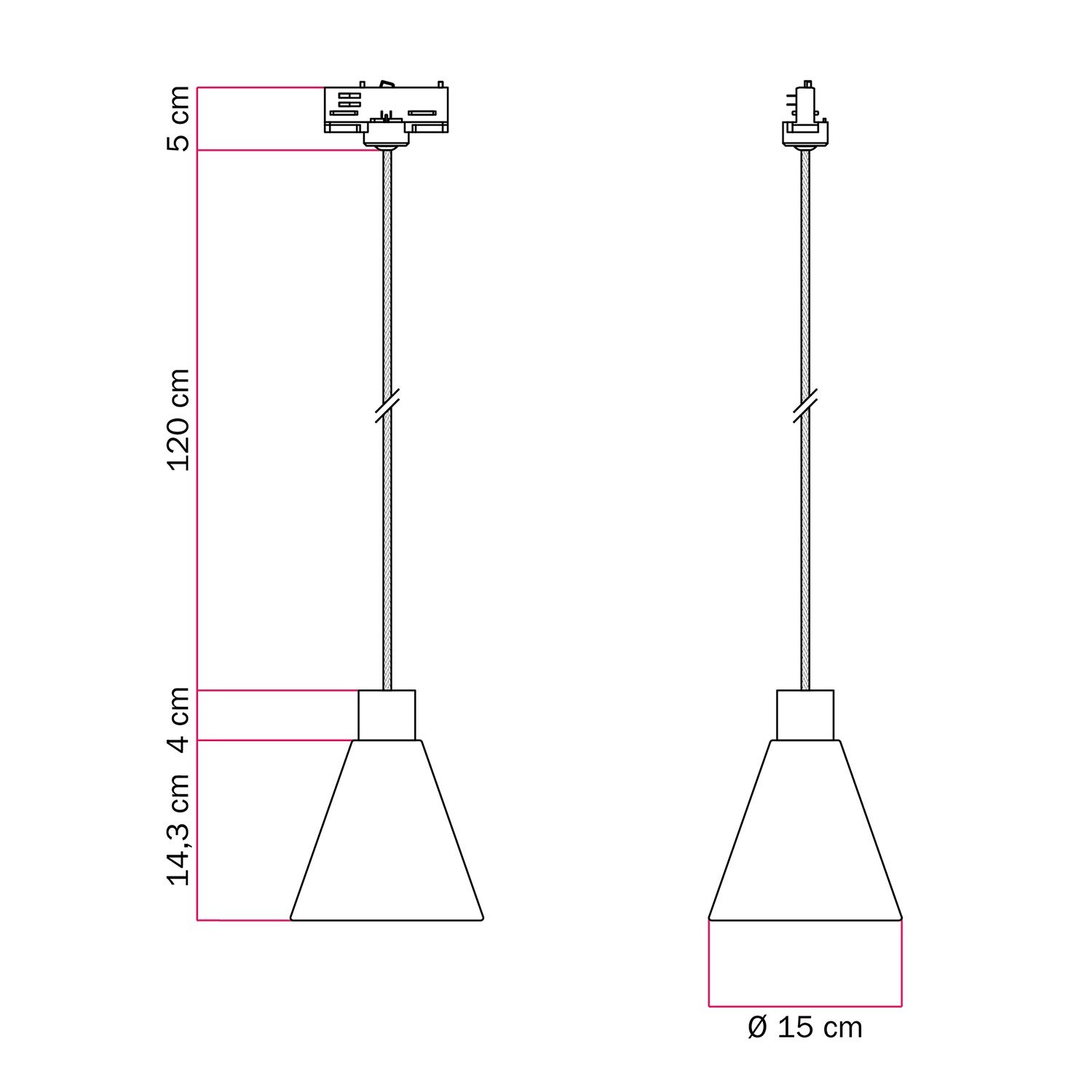 Lampada a sospensione per binari con paralume conico in legno