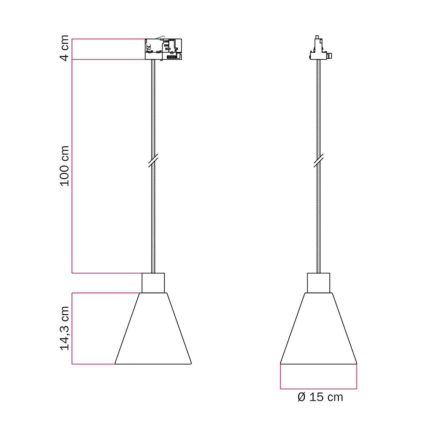 Lampada a sospensione per binari con paralume conico in legno