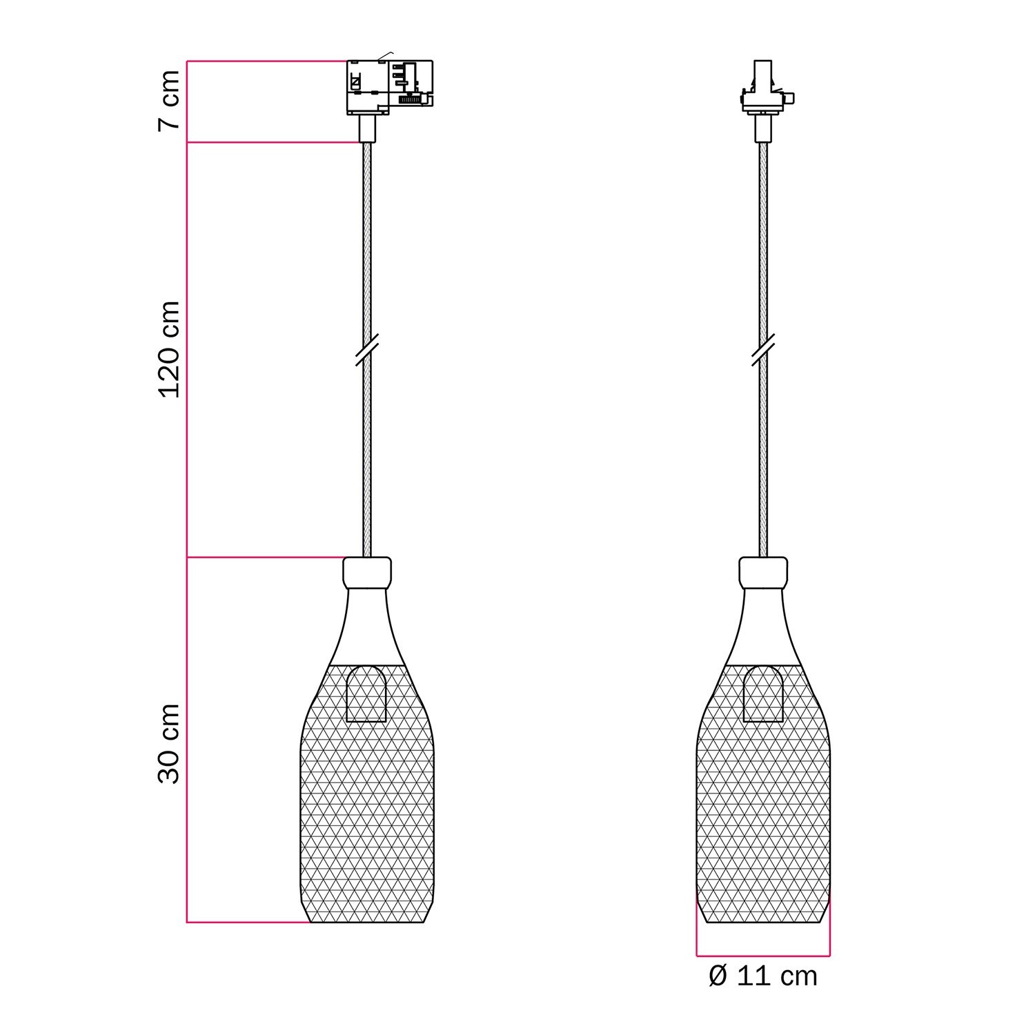 Suspension avec abat-jour bouteille Magnum pour rails