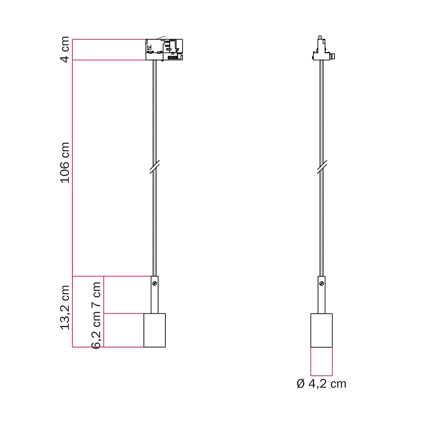 Lampada a sospensione per binario con serracavo da 7cm